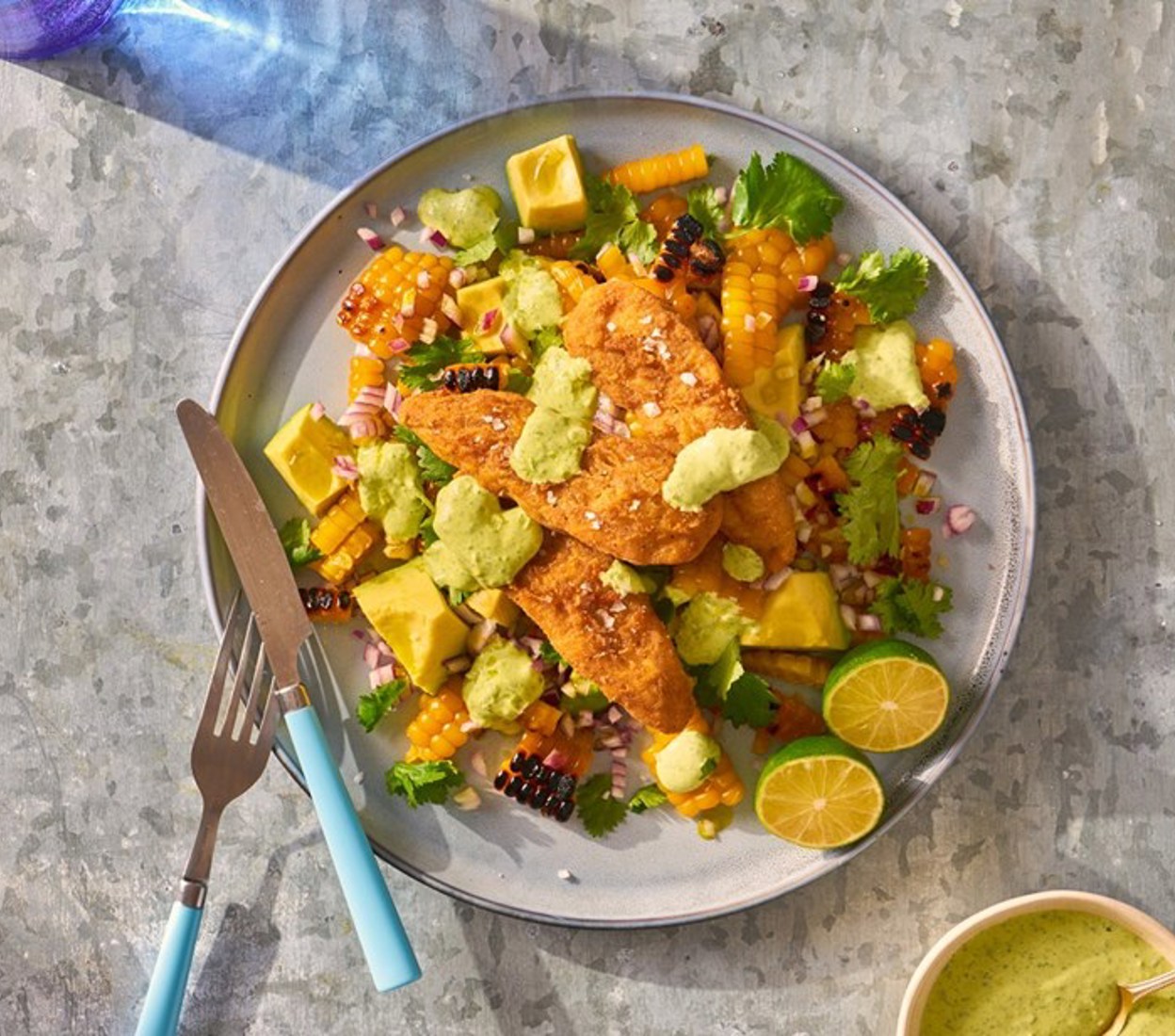Easy Corn & Avocado Salad with Crispy Chicken