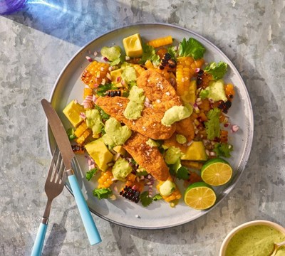 Easy Corn & Avocado Salad with Crispy Chicken